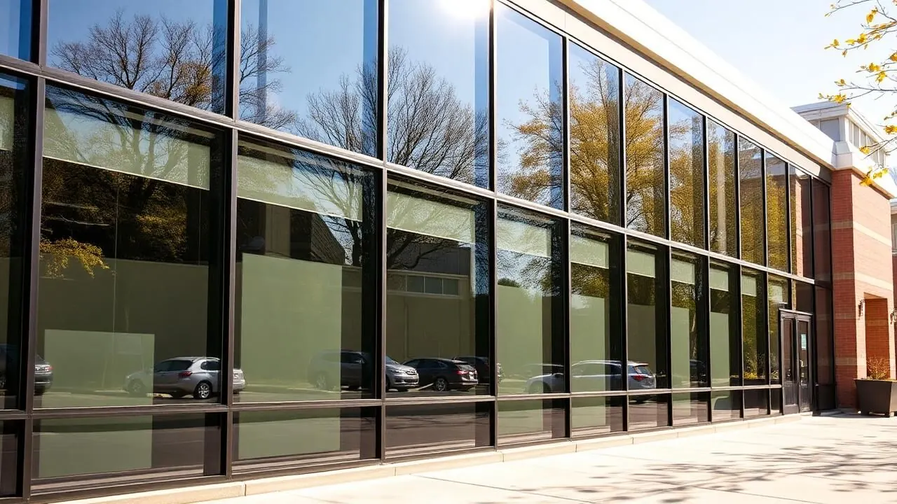 Modern Rochester office building with reflective commercial window film