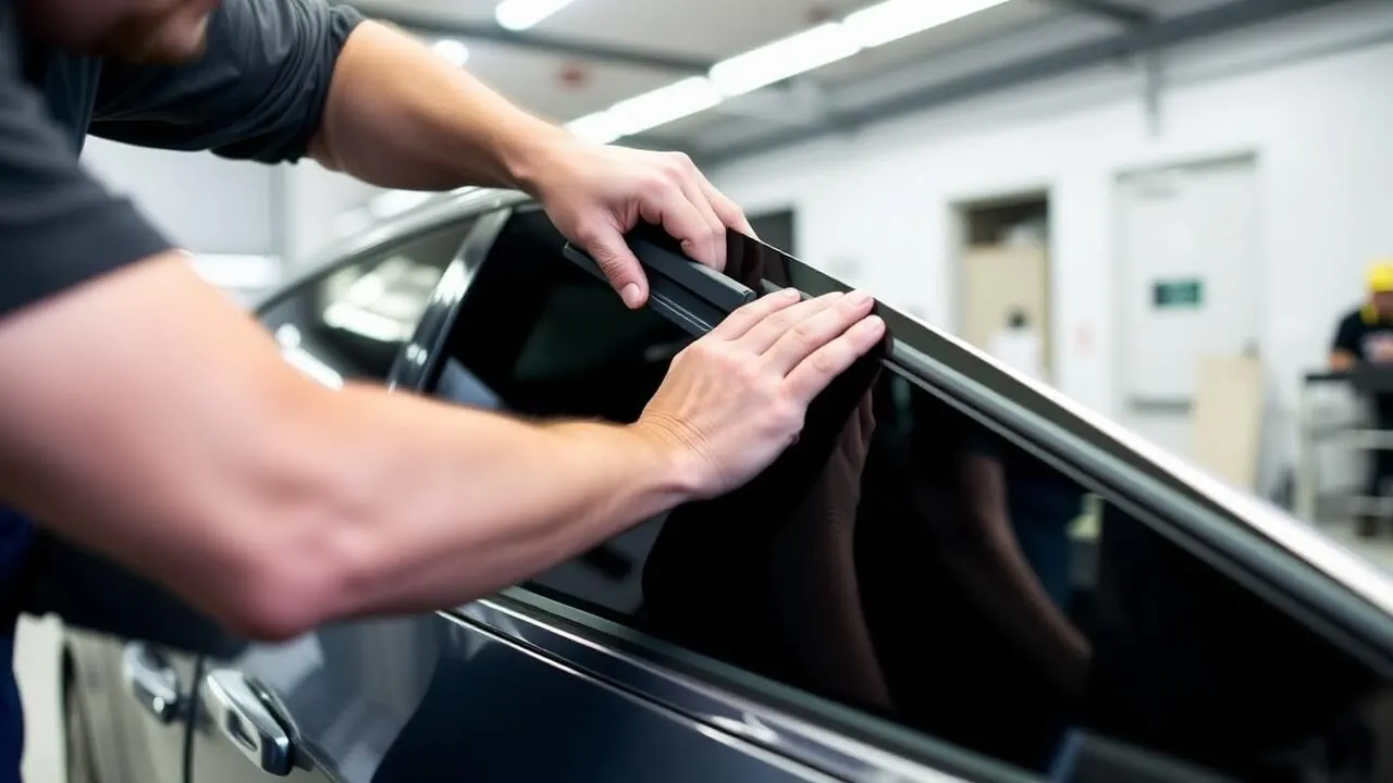 Professional installer applying window tint film with a squeegee