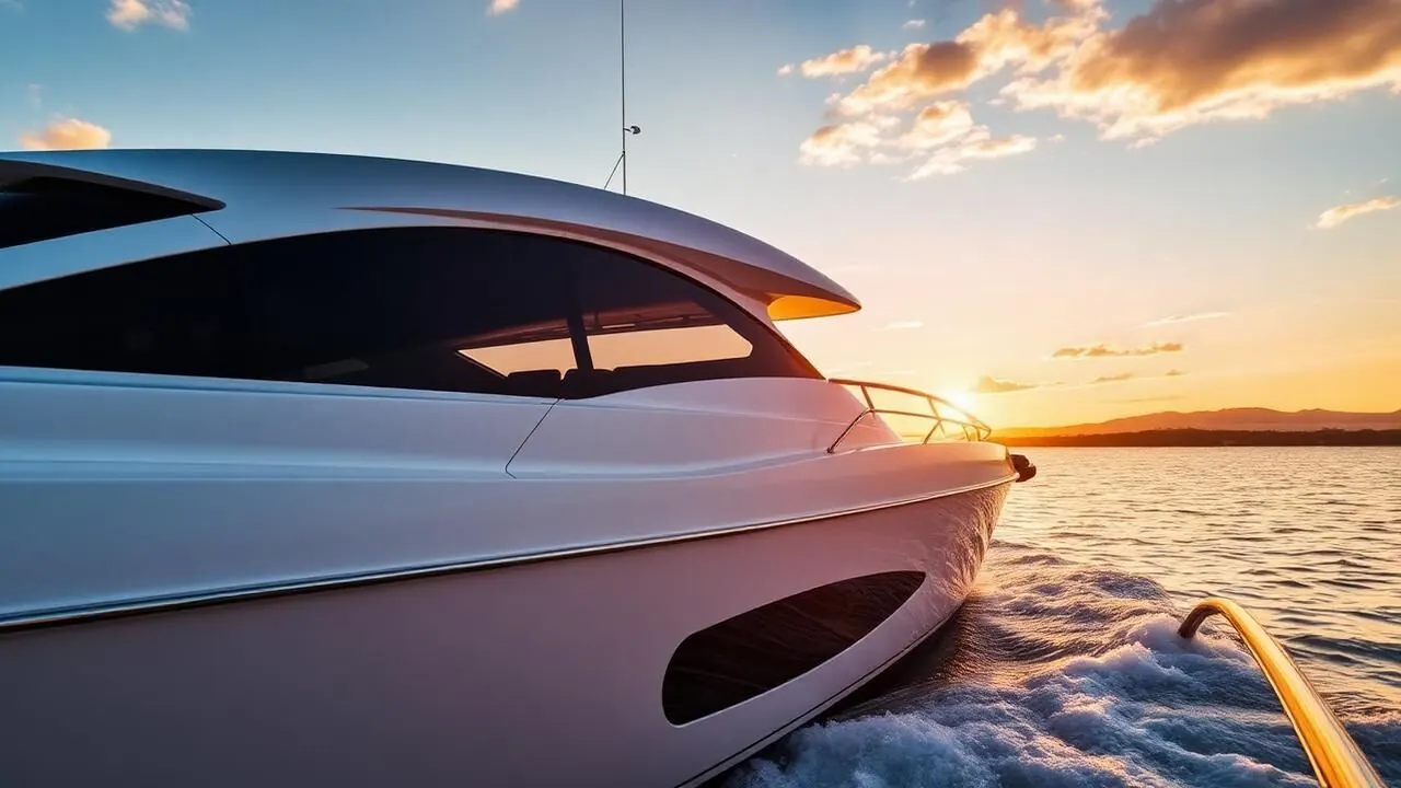Luxury boat with tinted windows at sunset on Lake Ontario