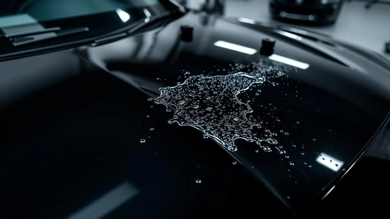 Glossy black car hood with water beading after PPF application